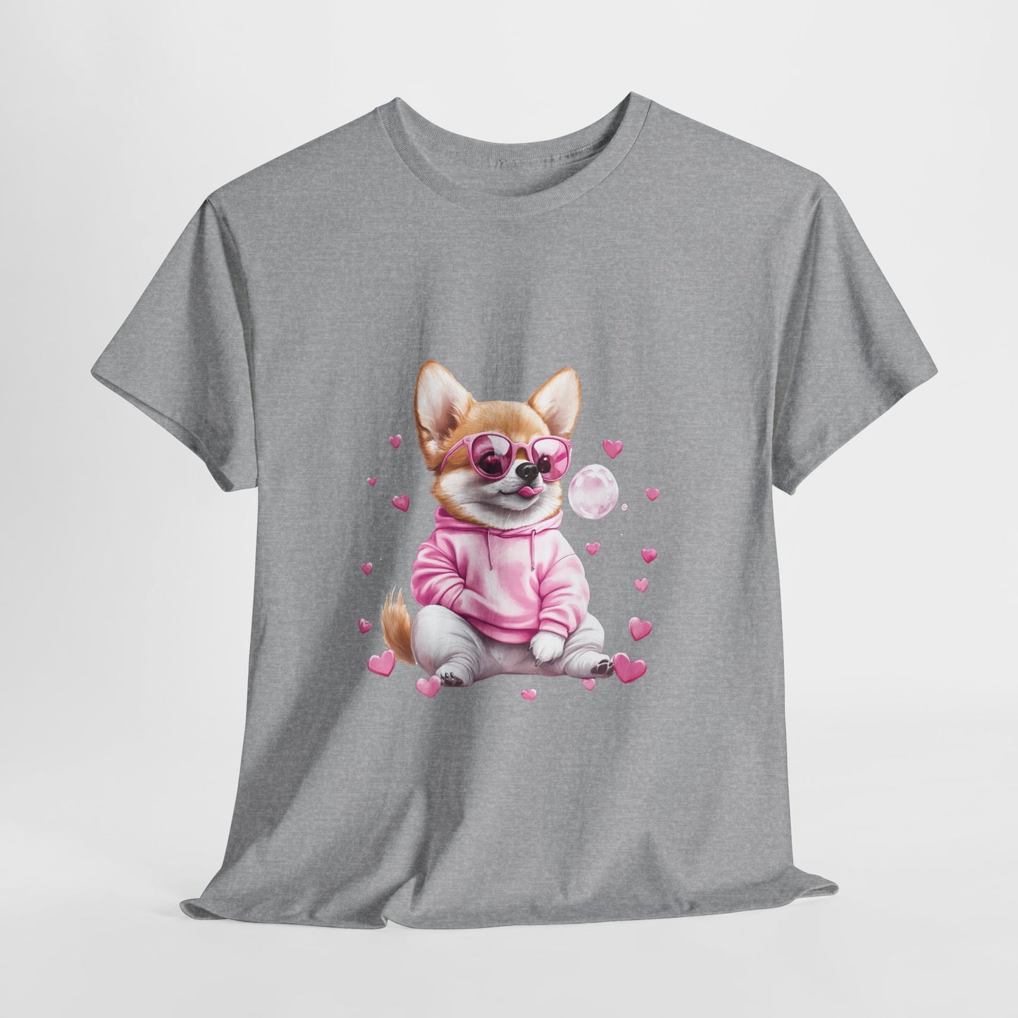 Funny 'Butt Queen' Corgi t-shirt featuring a kawaii-style dog with tongue out and pink hearts - unisex dog lover apparel