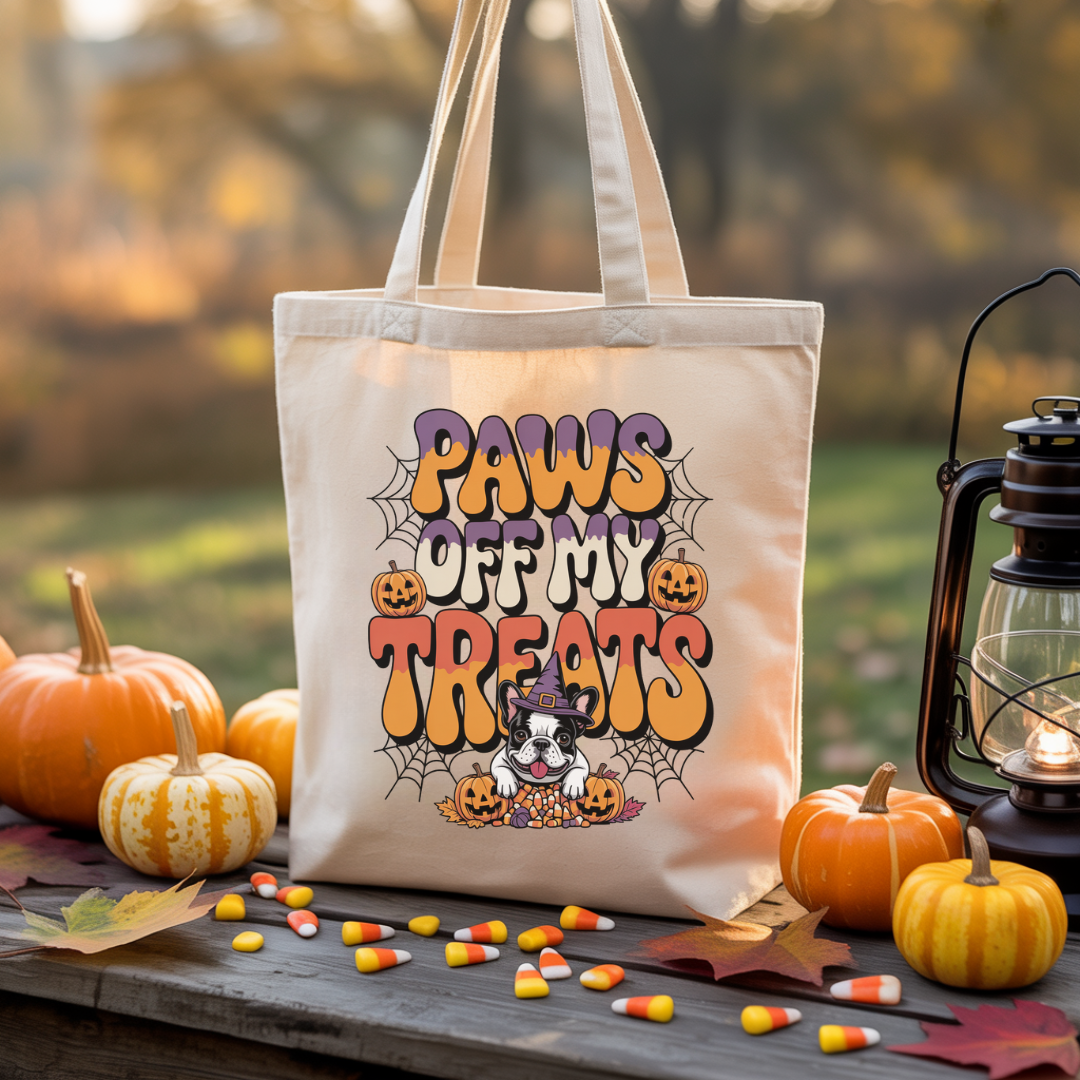 Tote bag with 'Paws Off My Treats' text in a Halloween theme, surrounded by pumpkins and candy corn.
