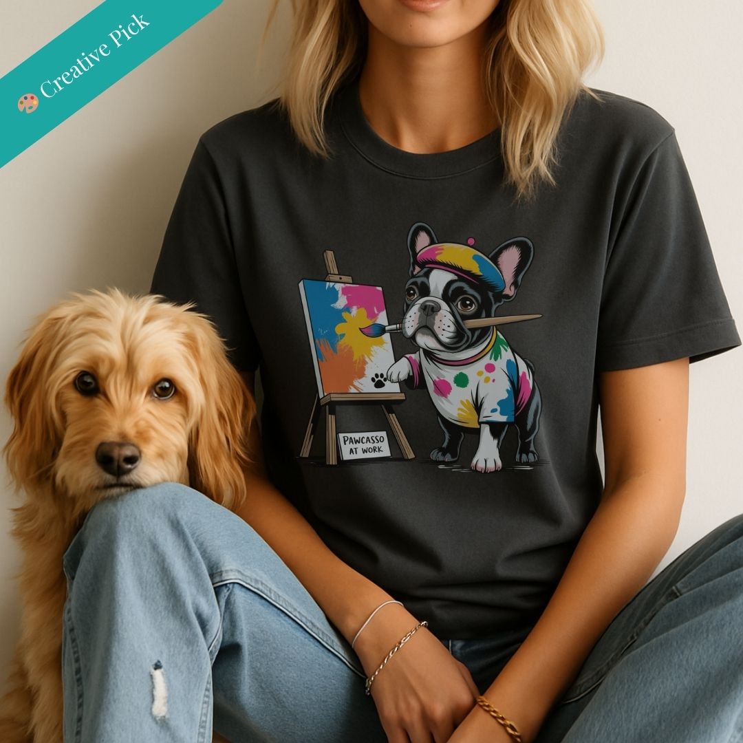 Black Gildan 6400 unisex t-shirt with retro dog graphic and ‘Pawcasso At Work text, perfect for dog lovers.