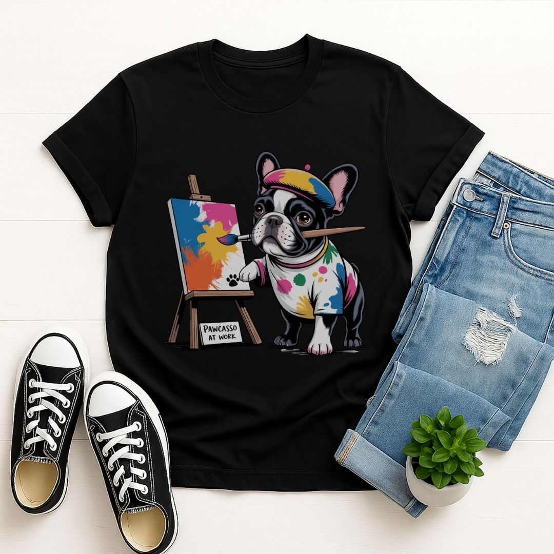 Black Gildan 6400 unisex t-shirt with retro dog graphic and ‘Pawcasso At Work text, perfect for dog lovers.