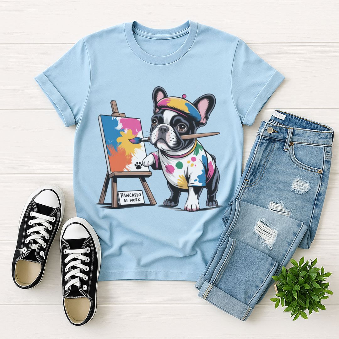 Light blue Gildan 6400 unisex t-shirt with retro dog graphic and ‘Pawcasso At Work text, perfect for dog lovers.