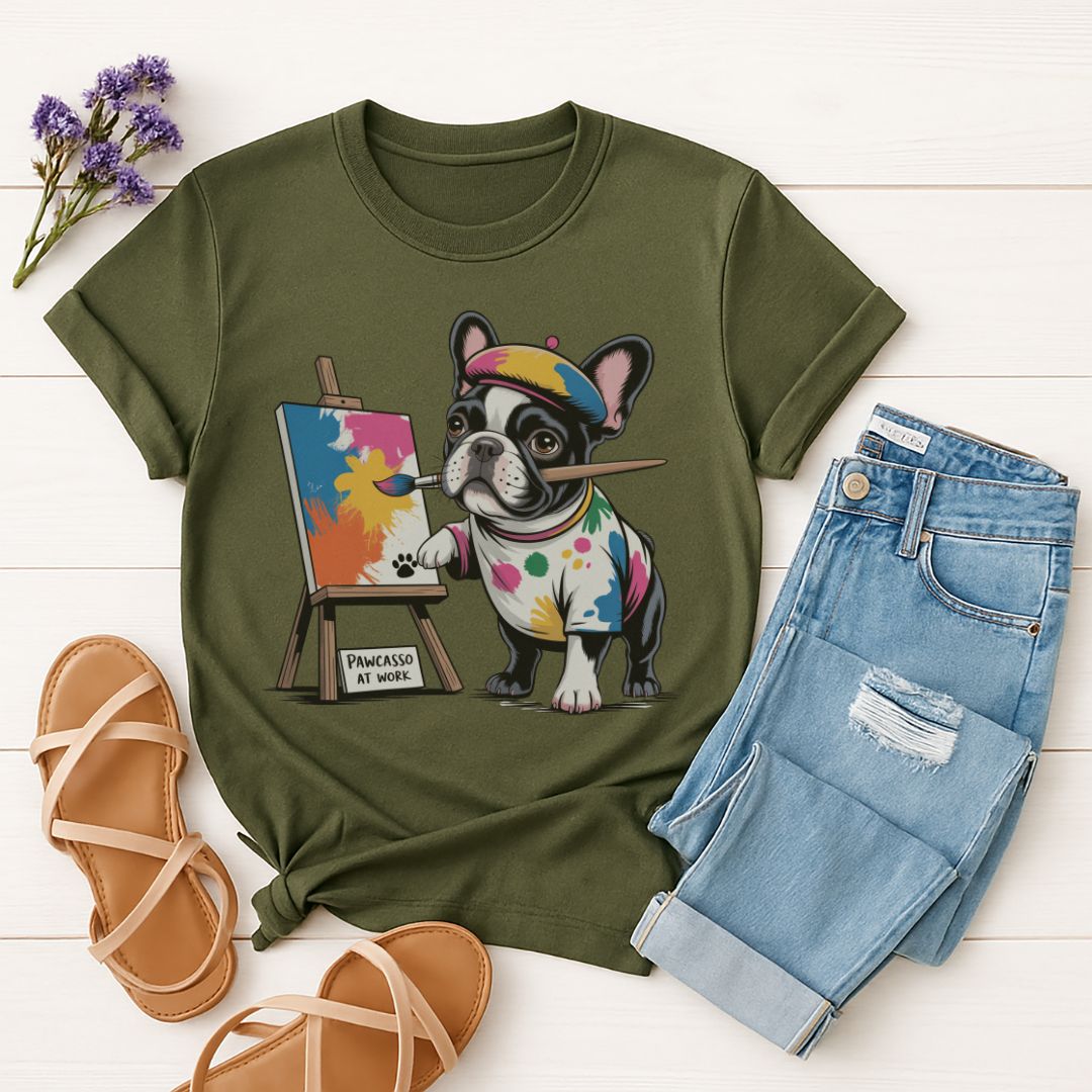 Military Green Gildan 6400 unisex t-shirt with retro dog graphic and ‘Pawcasso At Work text, perfect for dog lovers.