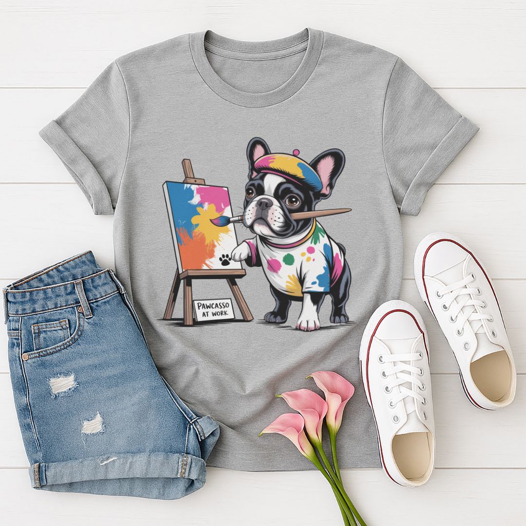 Sport Gray Gildan 6400 unisex t-shirt with retro dog graphic and ‘Pawcasso At Work text, perfect for dog lovers.