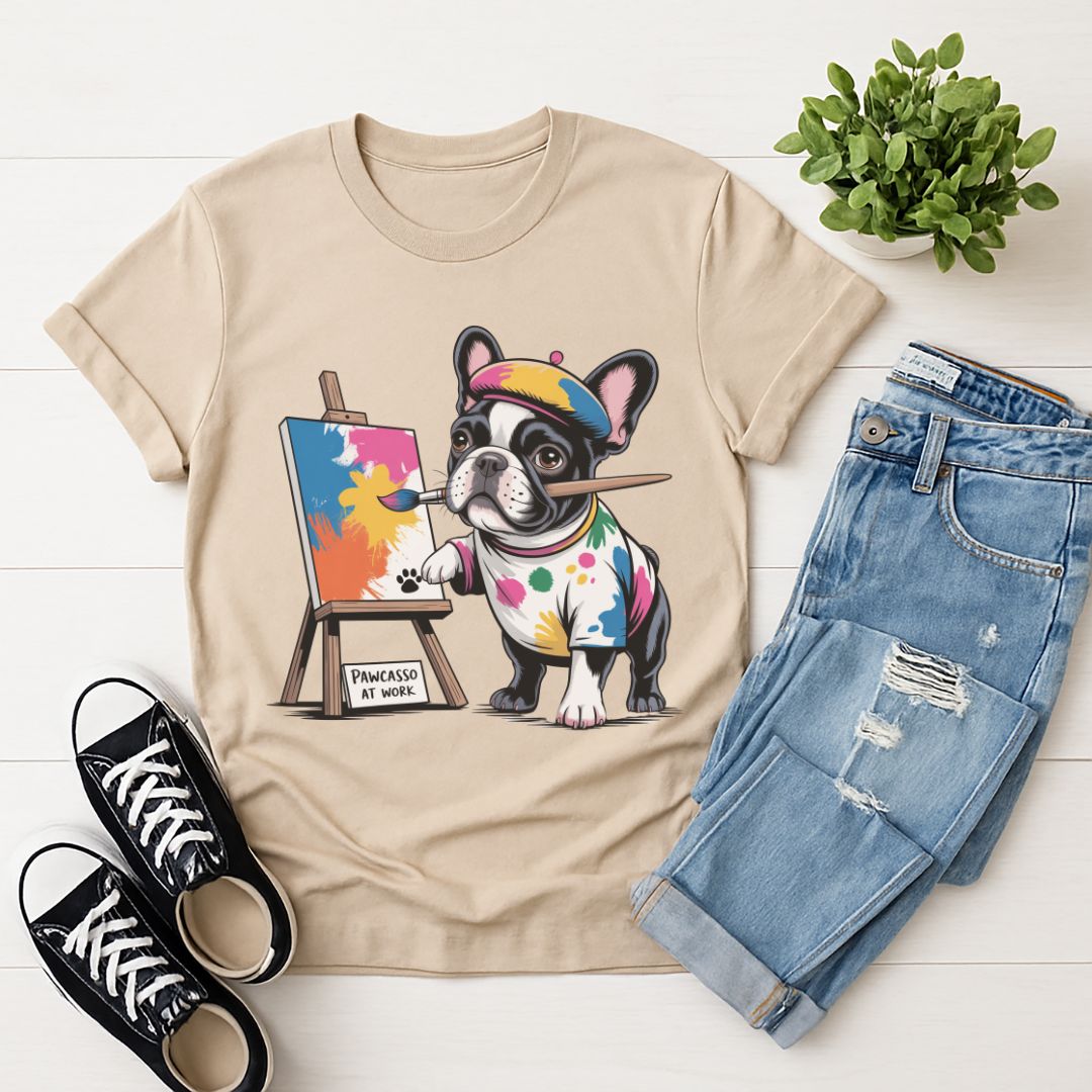 Sand Beige Gildan 6400 unisex t-shirt with retro dog graphic and ‘Pawcasso At Work text, perfect for dog lovers.