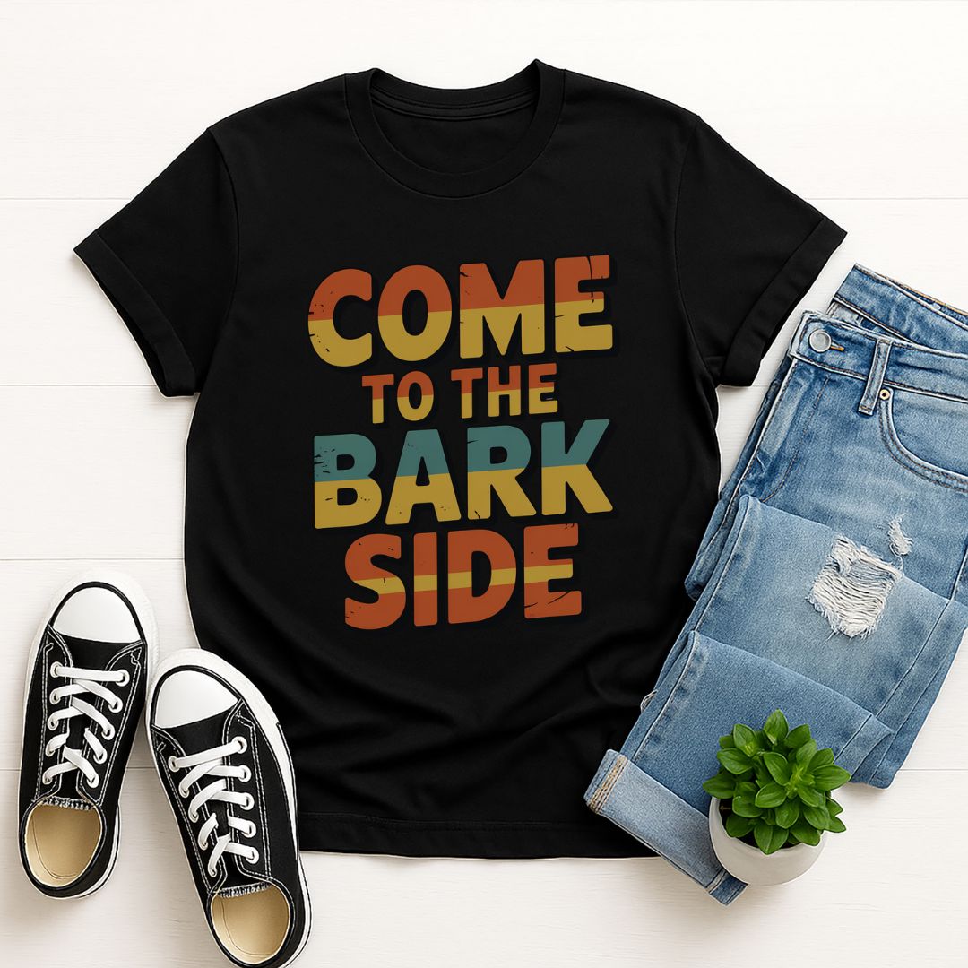 Black Gildan 6400 unisex t-shirt with retro dog graphic and ‘Come To The Bark Side’ text, perfect for dog lovers.