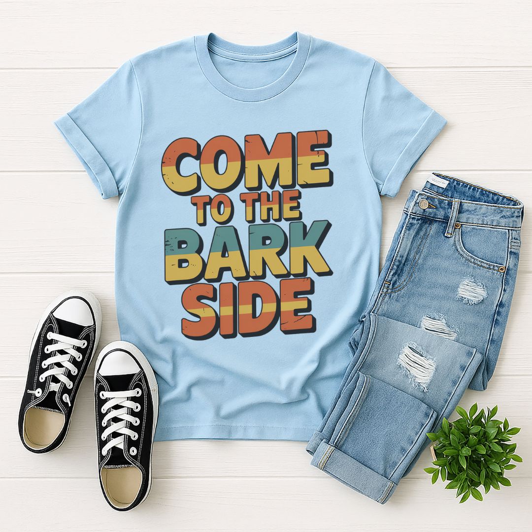 Light Blue Gildan 6400 unisex t-shirt with retro dog graphic and ‘Come To The Bark Side’ text, perfect for dog lovers.