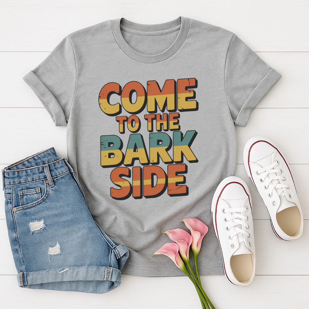 Sport Gray Gildan 6400 unisex t-shirt with retro dog graphic and ‘Come To The Bark Side’ text, perfect for dog lovers.