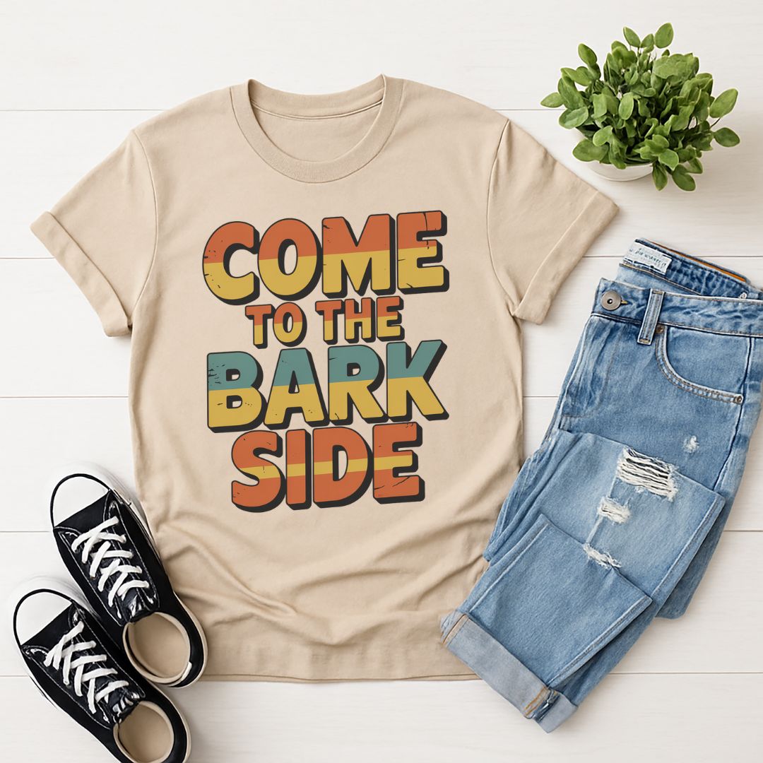 Sand Beige Gildan 6400 unisex t-shirt with retro dog graphic and ‘Come To The Bark Side’ text, perfect for dog lovers.