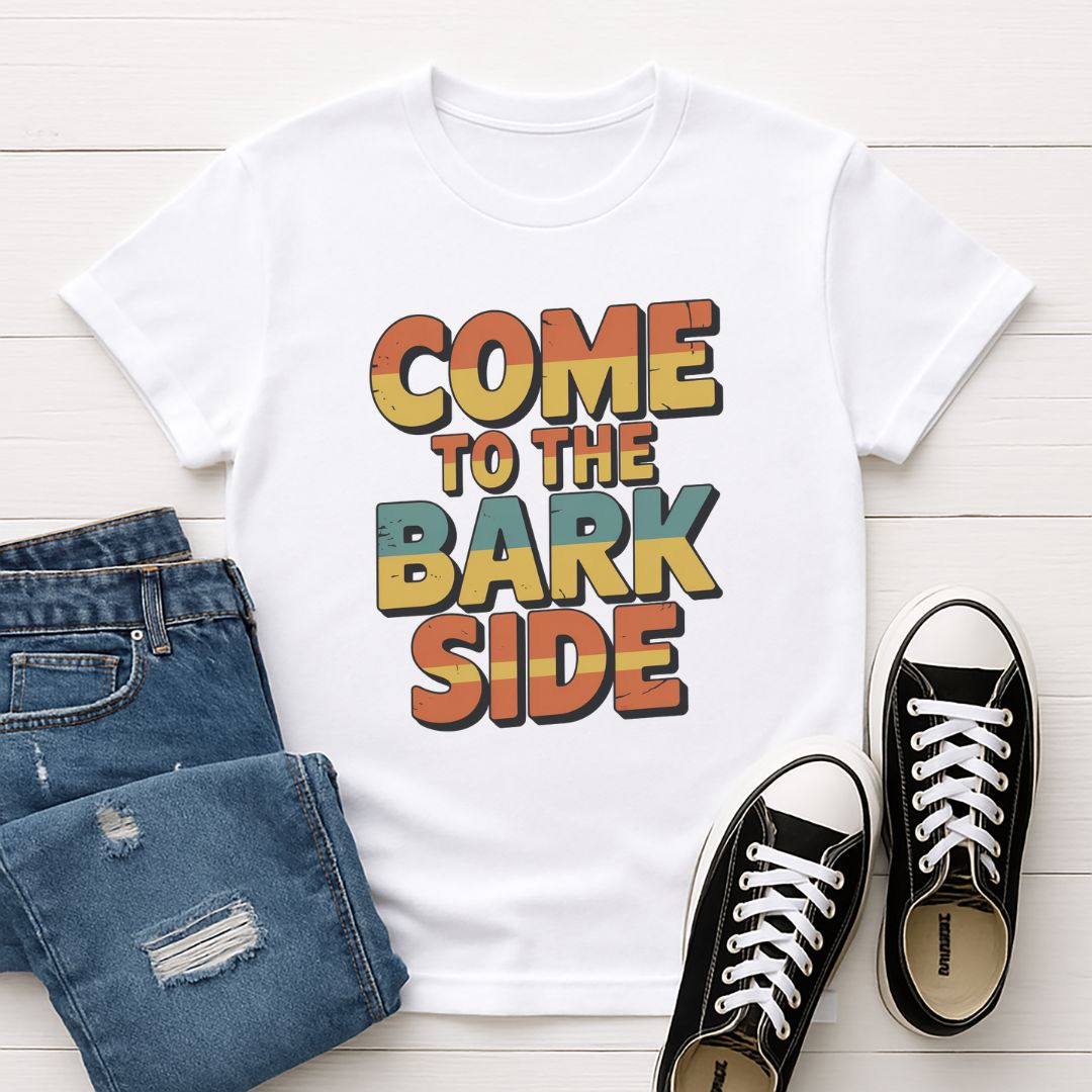 White Gildan 6400 unisex t-shirt with retro dog graphic and ‘Come To The Bark Side’ text, perfect for dog lovers.