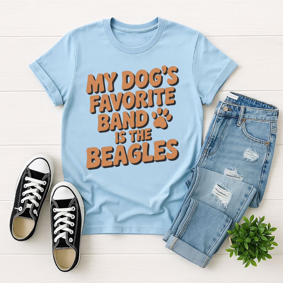 Light Blue Gildan 6400 unisex t-shirt with retro dog graphic and ‘My Dog's Favorite Band Is The Beagles’ text, perfect for dog lovers.