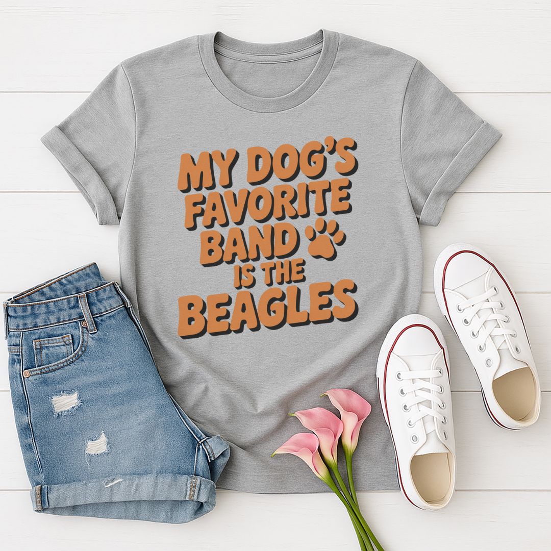 Sport Gray Gildan 6400 unisex t-shirt with retro dog graphic and ‘My Dog's Favorite Band Is The Beagles’ text, perfect for dog lovers.