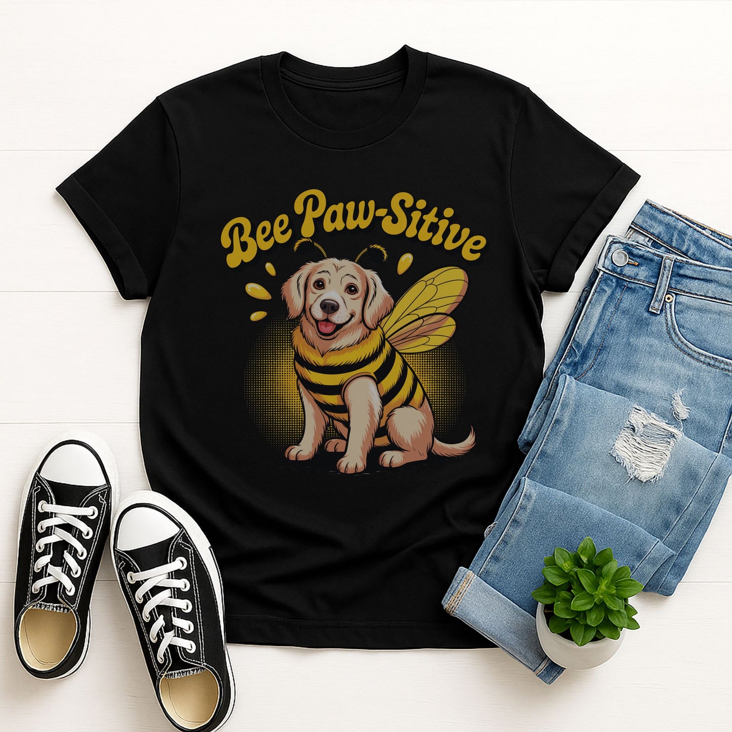 Black Gildan 6400 unisex t-shirt with retro dog graphic and āBee Paw-Sitiveā text, perfect for dog lovers.