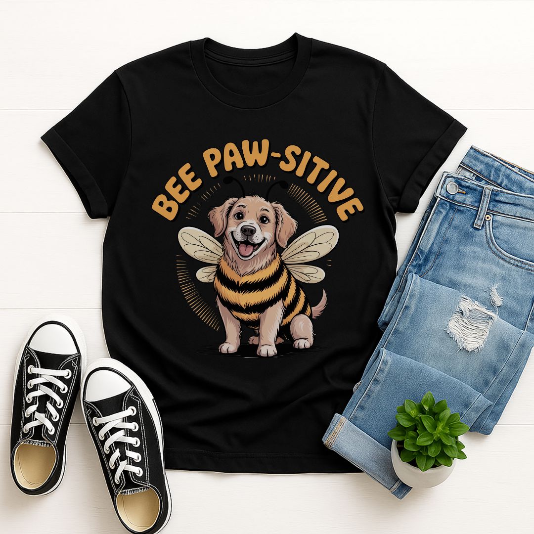 Black Gildan 6400 unisex t-shirt with retro dog graphic and ‘Bee Paw-sitive’ text, perfect for dog lovers.
