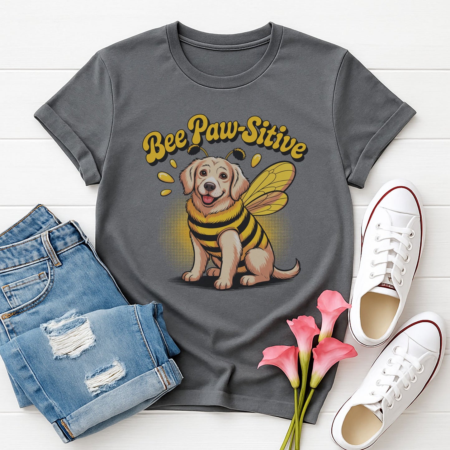 Charcoal Gray Gildan 6400 unisex t-shirt with retro dog graphic and āBee Paw-Sitiveā text, perfect for dog lovers.