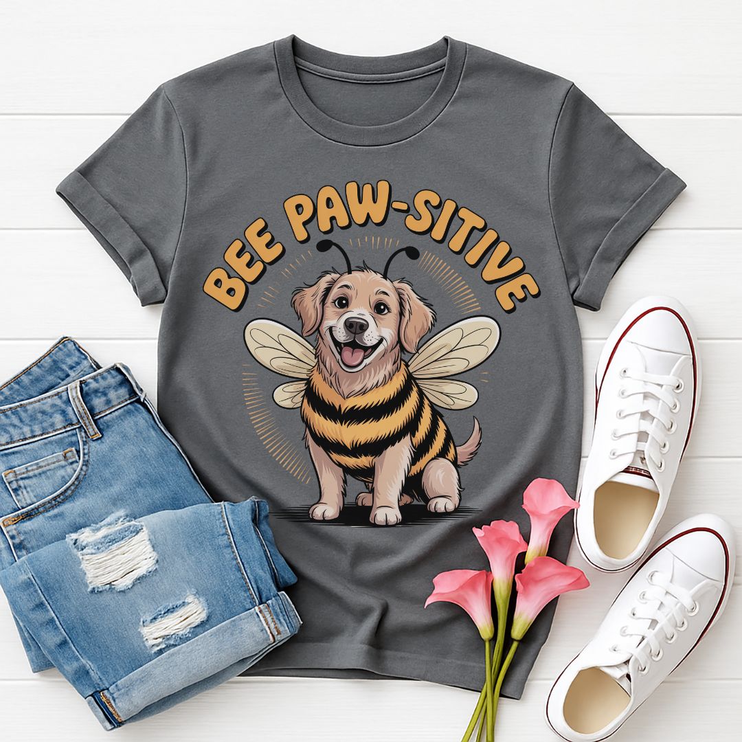 Charcoal Gray Gildan 6400 unisex t-shirt with retro dog graphic and ‘Bee Paw-sitive’ text, perfect for dog lovers.