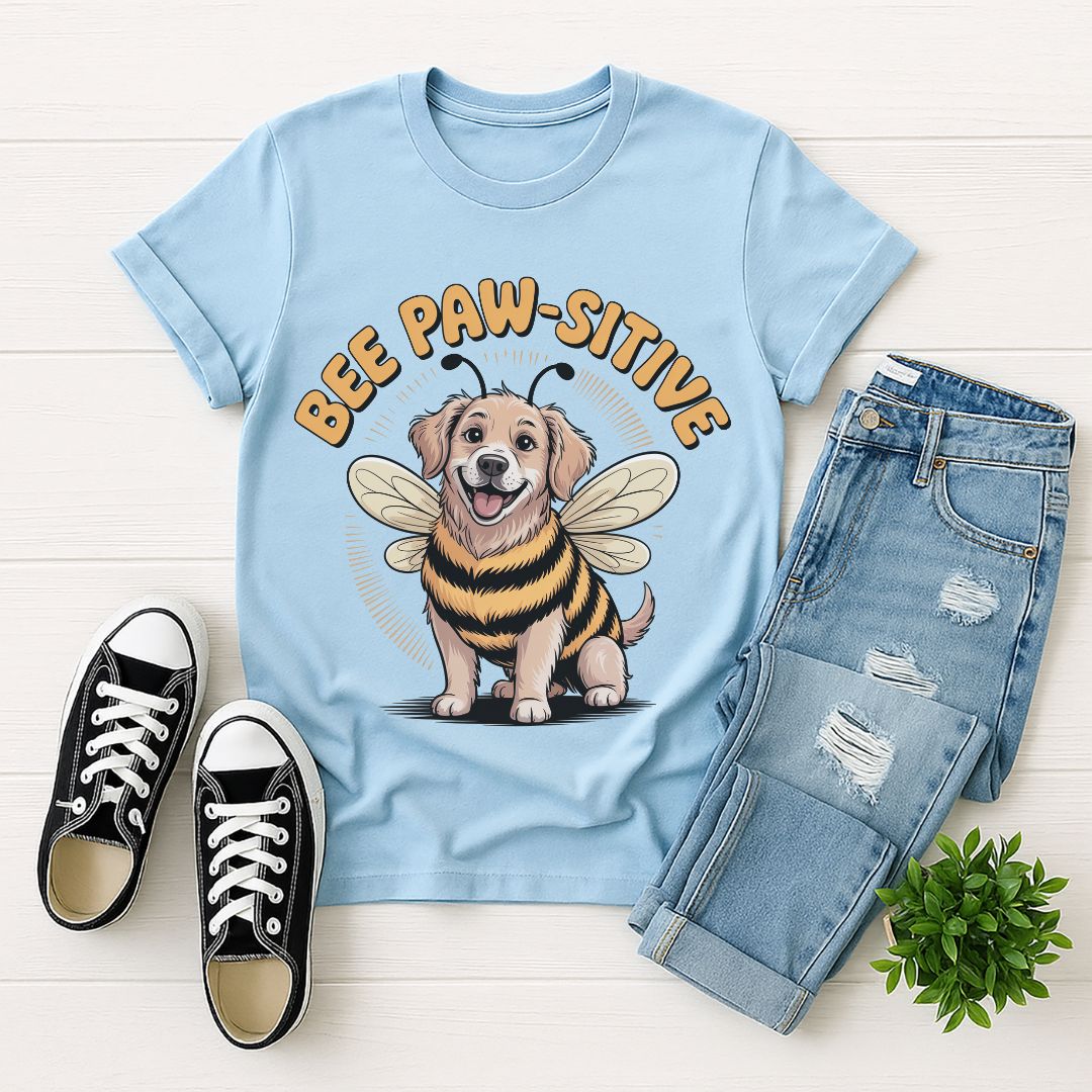 Light Blue Gildan 6400 unisex t-shirt with retro dog graphic and ‘Bee Paw-sitive’ text, perfect for dog lovers.
