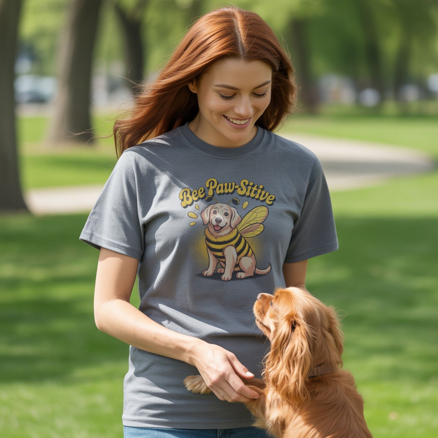 Sport Gray unisex t-shirt with retro dog graphic and āBee Paw-Sitiveā text, perfect for dog lovers.