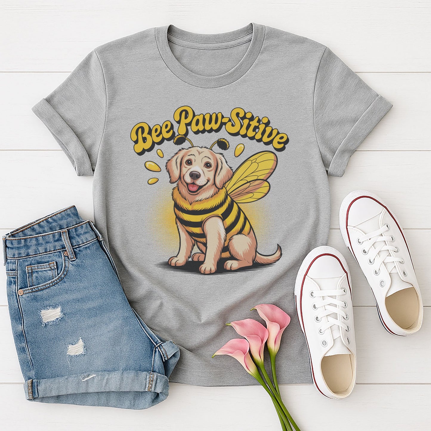 Sport Gray Gildan 6400 unisex t-shirt with retro dog graphic and āBee Paw-Sitiveā text, perfect for dog lovers.