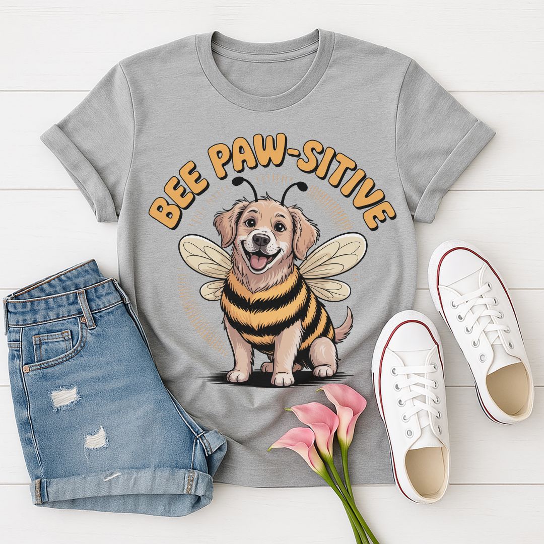 Sport Gray Gildan 6400 unisex t-shirt with retro dog graphic and ‘Bee Paw-sitive’ text, perfect for dog lovers.