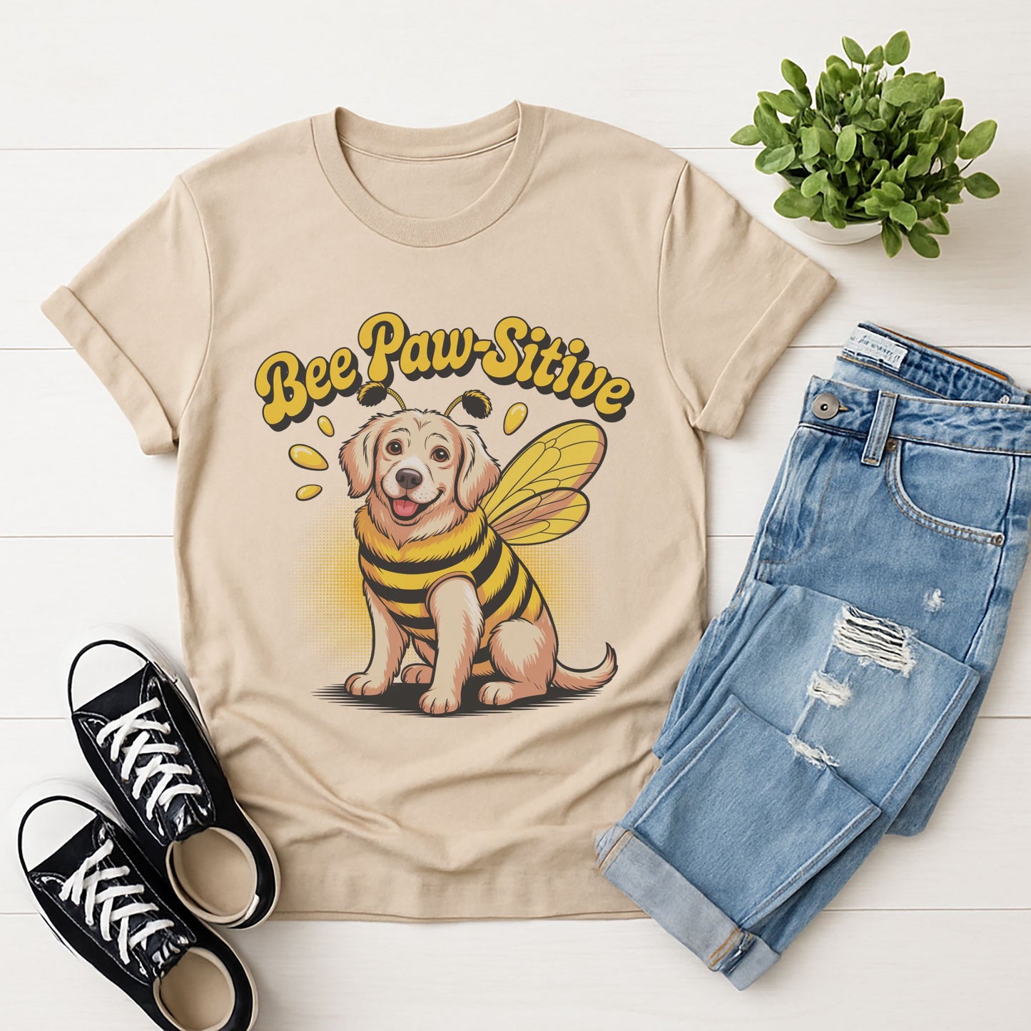 Sand Beige Gildan 6400 unisex t-shirt with retro dog graphic and āBee Paw-Sitiveā text, perfect for dog lovers.