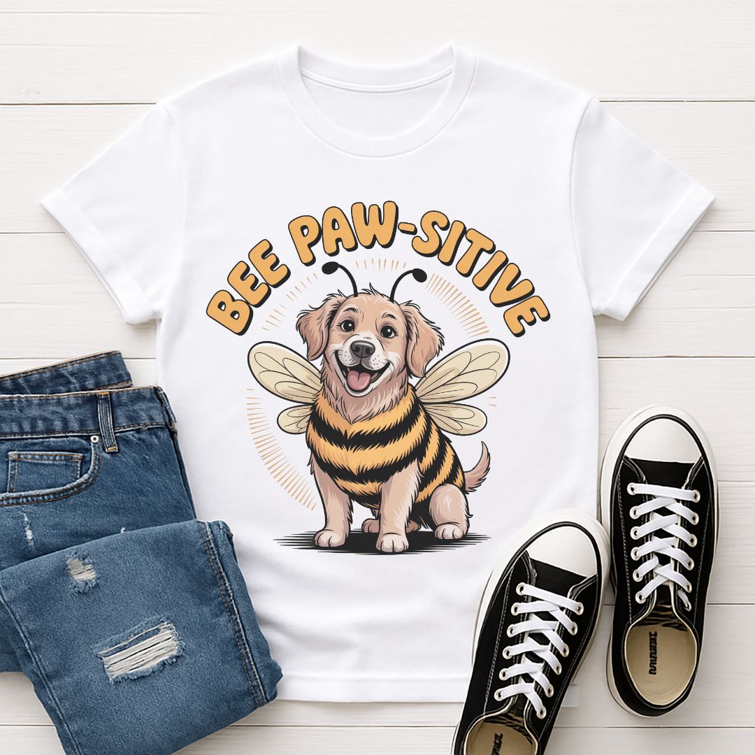 White Gildan 6400 unisex t-shirt with retro dog graphic and ‘Bee Paw-sitive’ text, perfect for dog lovers.