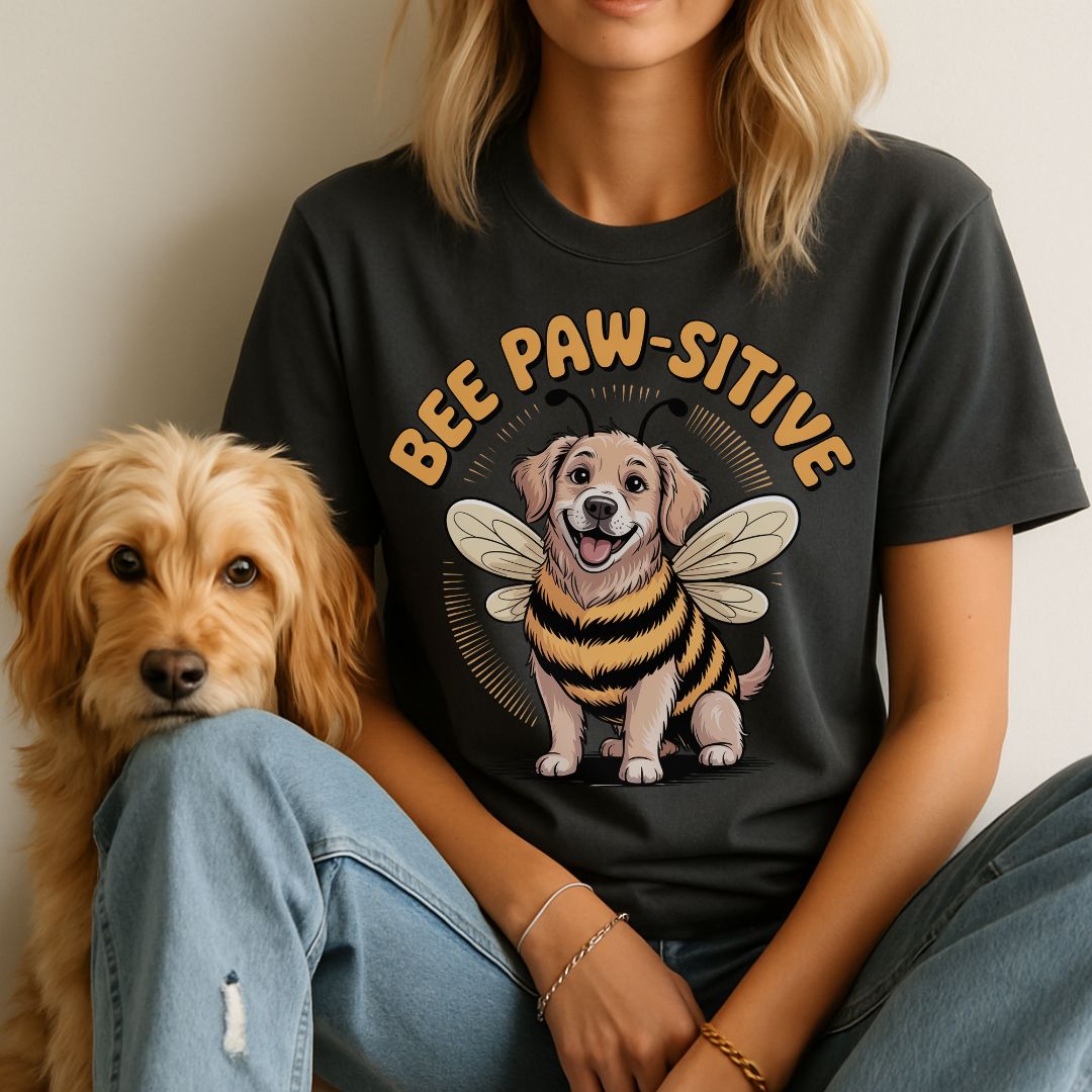 Unisex t-shirt with retro dog graphic and ‘Bee Paw-sitive’ text, perfect for dog lovers.