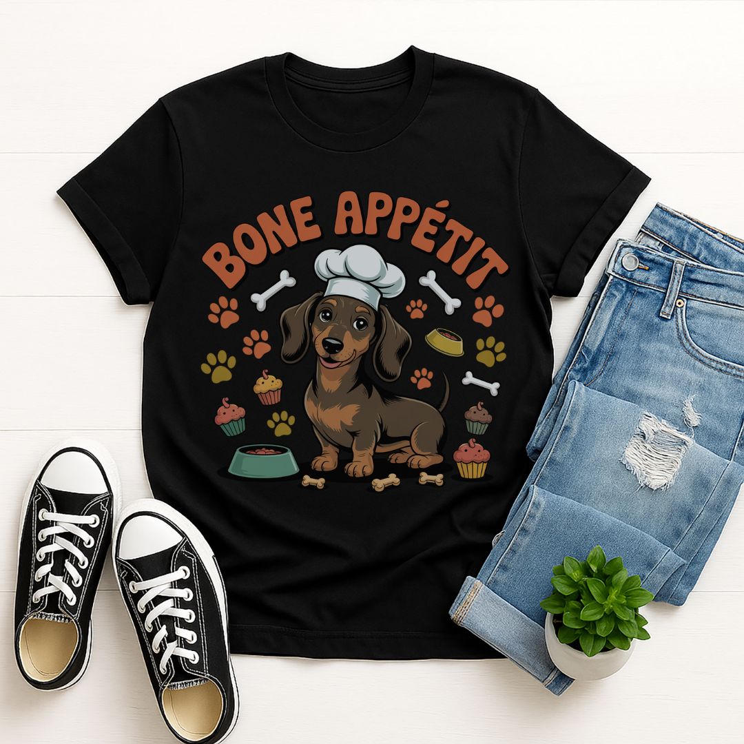 Black Gildan 6400 unisex t-shirt with retro dog graphic and ‘Bone Appetit' text, perfect for dog lovers.