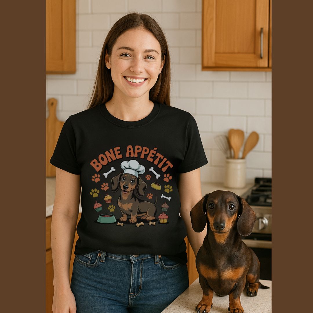 Black unisex t-shirt with retro dog graphic and ‘Bone Appetit' text, perfect for dog lovers.