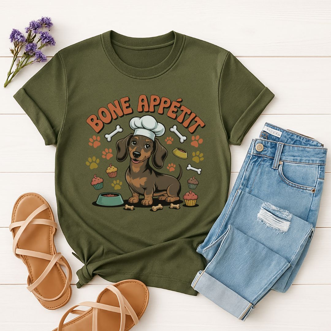 Military Green Gildan 6400 unisex t-shirt with retro dog graphic and ‘Bone Appetit' text, perfect for dog lovers.