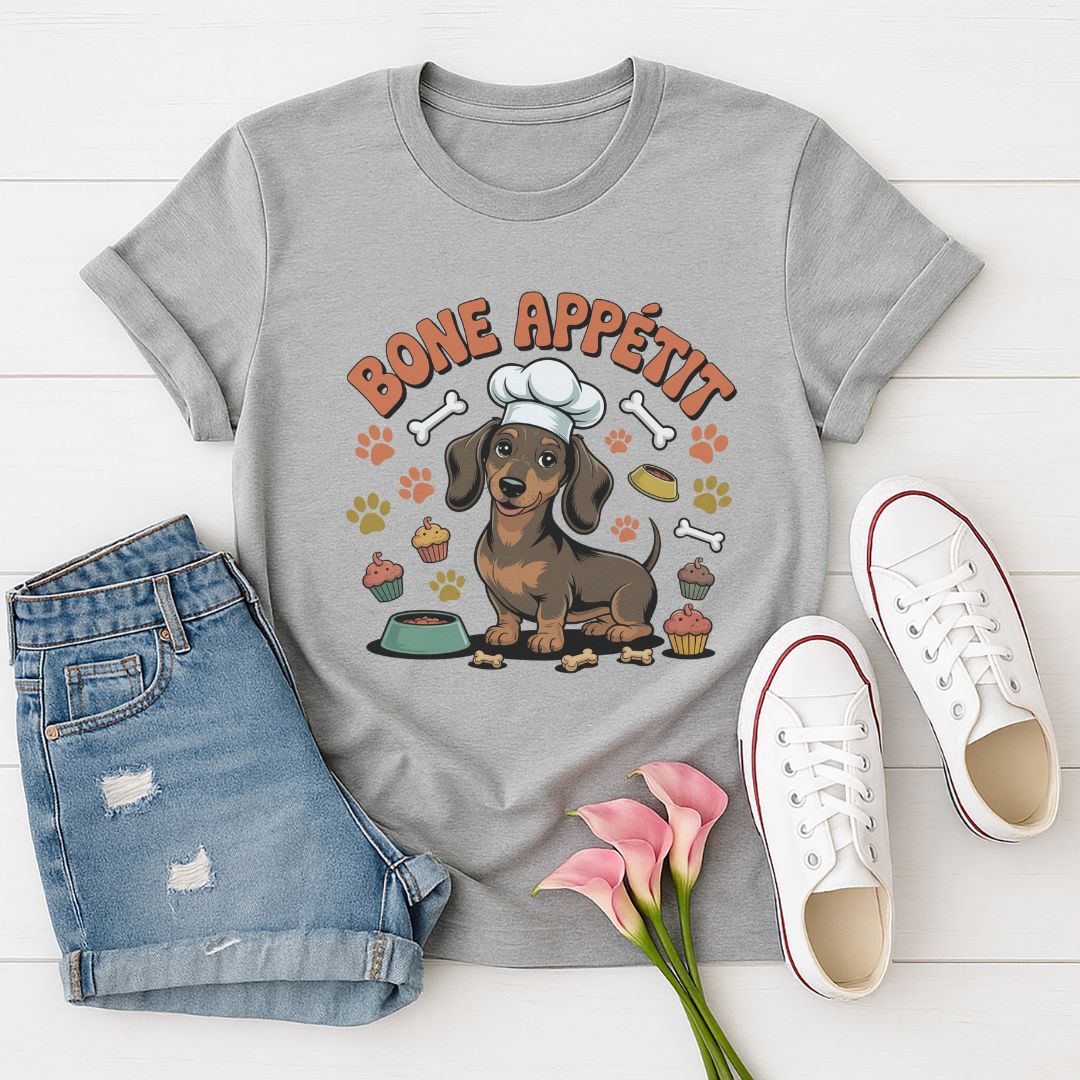 Sport Gray Gildan 6400 unisex t-shirt with retro dog graphic and ‘Bone Appetit' text, perfect for dog lovers.