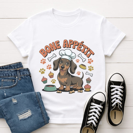 White Gildan 6400 unisex t-shirt with retro dog graphic and ‘Bone Appetit' text, perfect for dog lovers.