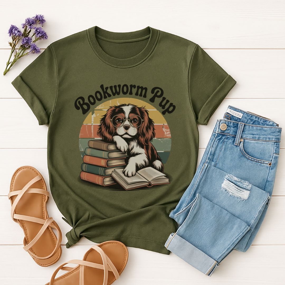 Military Green Gildan 6400 unisex t-shirt with retro dog graphic and ‘Bookworm Pup’ text, perfect for dog lovers.