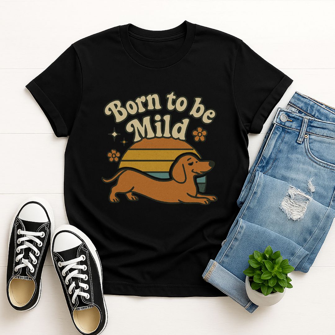 Black Gildan 6400 unisex t-shirt with retro dog graphic and ‘Born To Be Mild’ text, perfect for dog lovers.