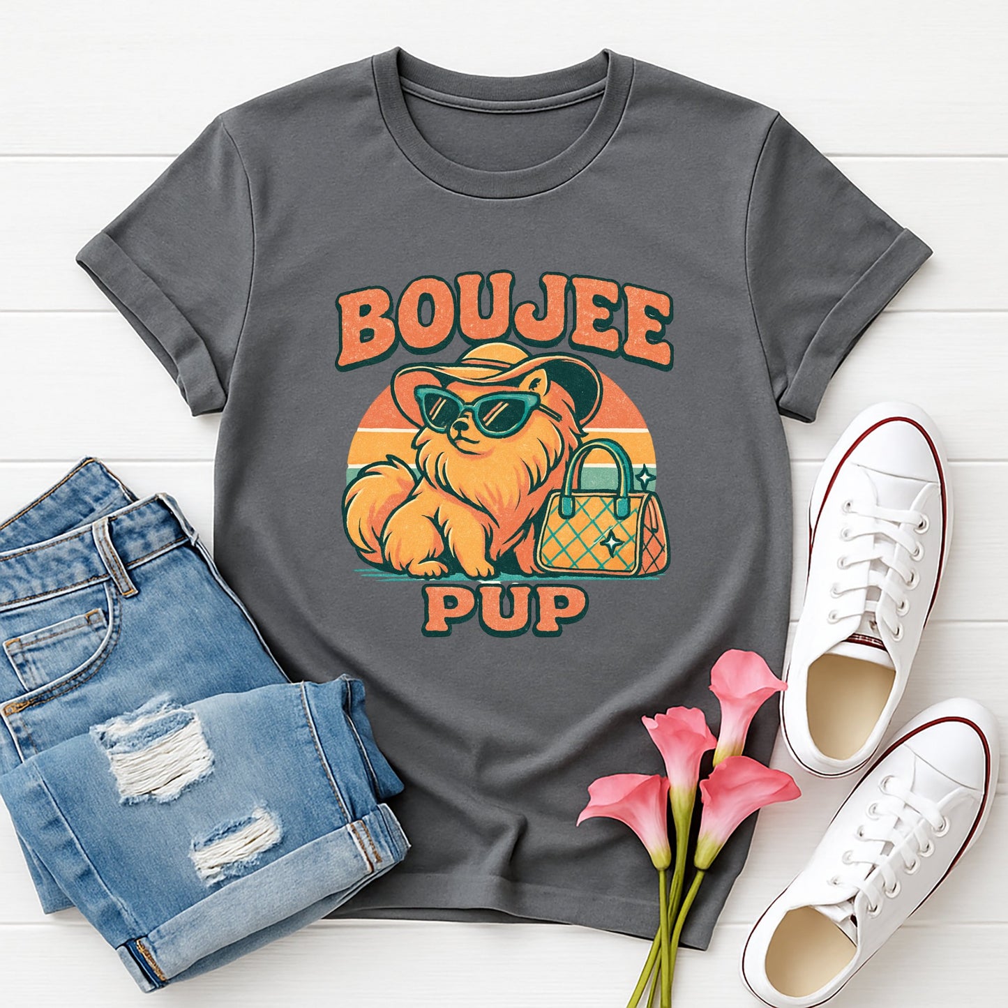 Charcoal Gray Gildan 6400 unisex t-shirt with retro dog graphic and ‘Boujee Pup’ text, perfect for dog lovers.