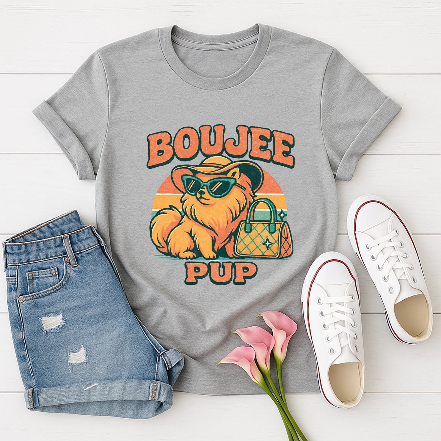 Sport Gray Gildan 6400 unisex t-shirt with retro dog graphic and ‘Boujee Pup’ text, perfect for dog lovers.