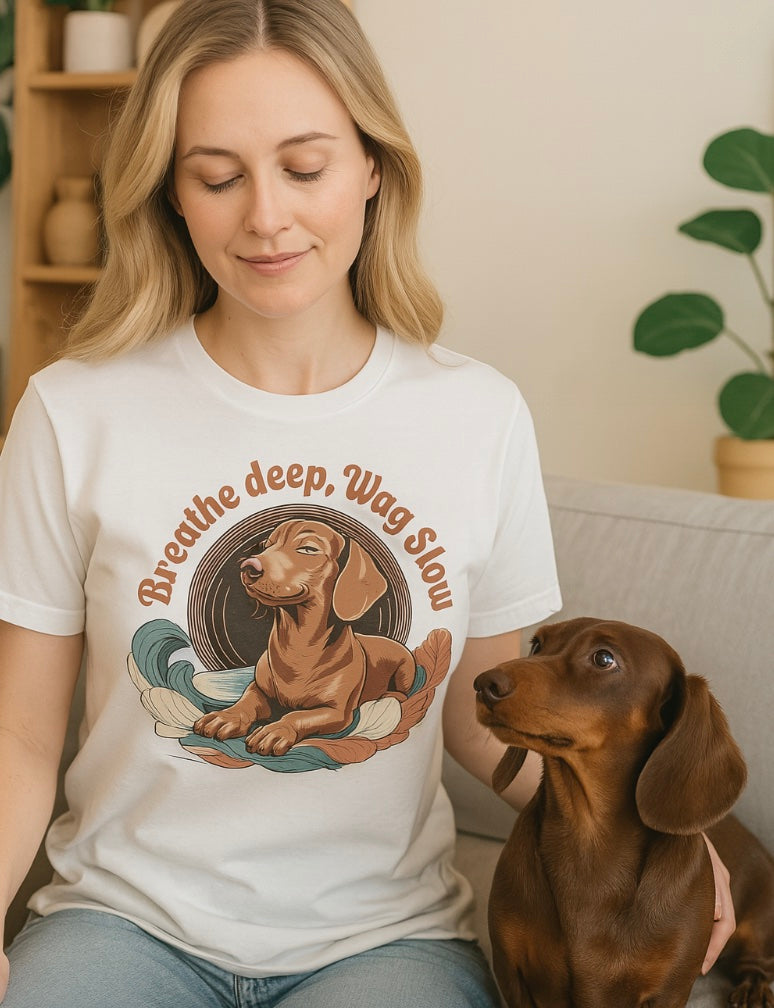 Woman wearing a white t-shirt with a dachshund graphic and text, sitting next to a dachshund.