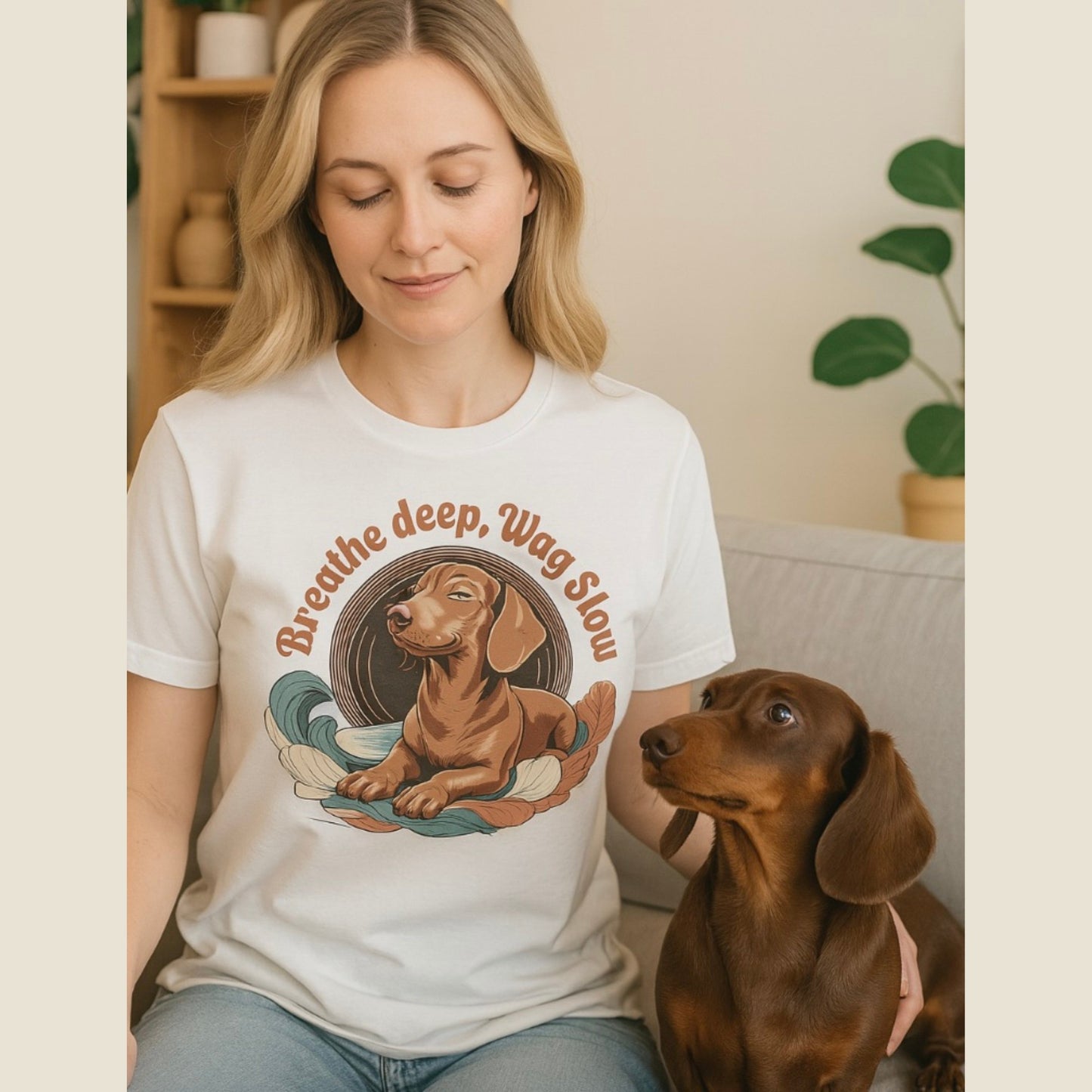 Unisex t-shirt with retro dog graphic and ‘Breathe deep, Wag Slow’ text, perfect for dog lovers.