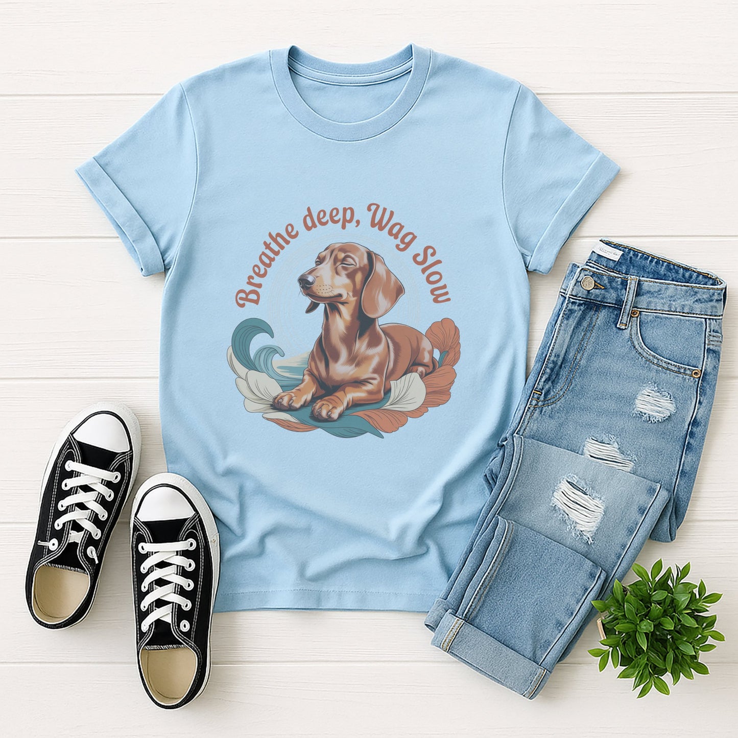Light Blue Gildan 6400 unisex t-shirt with retro dog graphic and ‘Breathe deep, Wag Slow’ text, perfect for dog lovers.