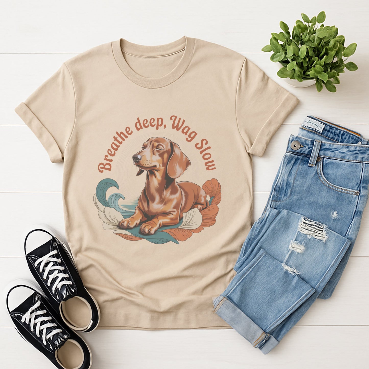 Sand Beige Gildan 6400 unisex t-shirt with retro dog graphic and ‘Breathe deep, Wag Slow’ text, perfect for dog lovers.