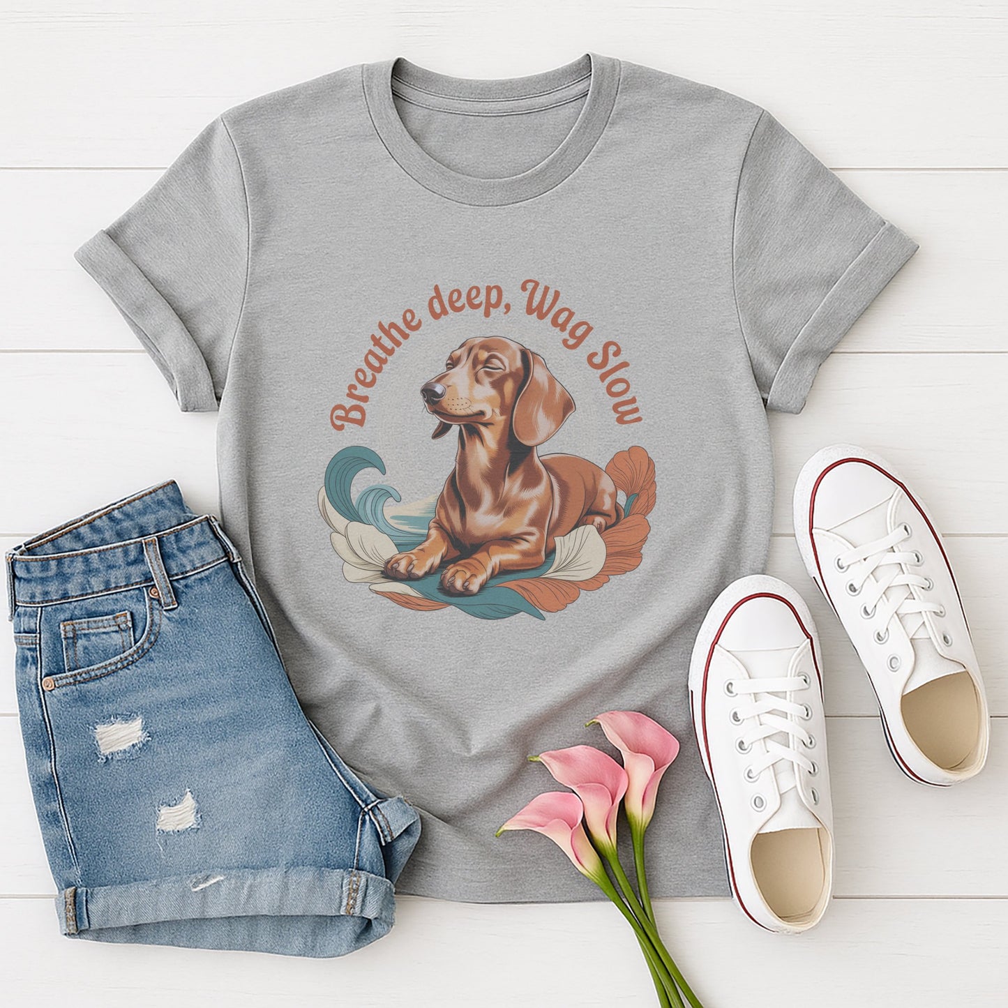 Sport Gray Gildan 6400 unisex t-shirt with retro dog graphic and ‘Breathe deep, Wag Slow’ text, perfect for dog lovers.