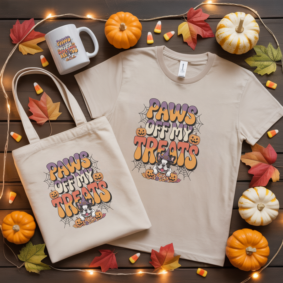 T-shirt and tote bag with 'Paws Off My Treats' design on a wooden surface with pumpkins and leaves.