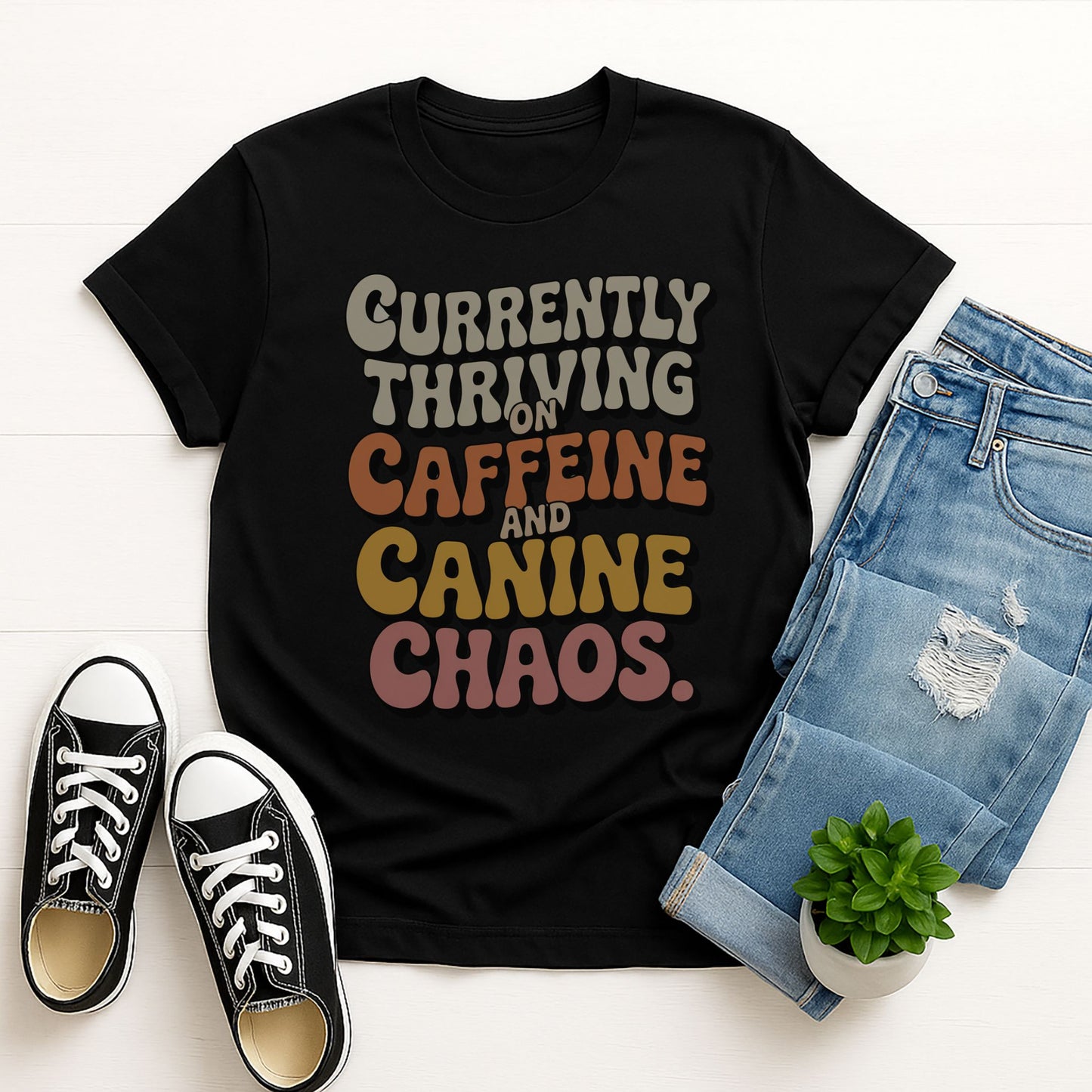 Black Gildan 6400 unisex t-shirt with retro dog graphic and âCurrently Thriving On Caffeine And Canine Chaosâ text, perfect for dog lovers.