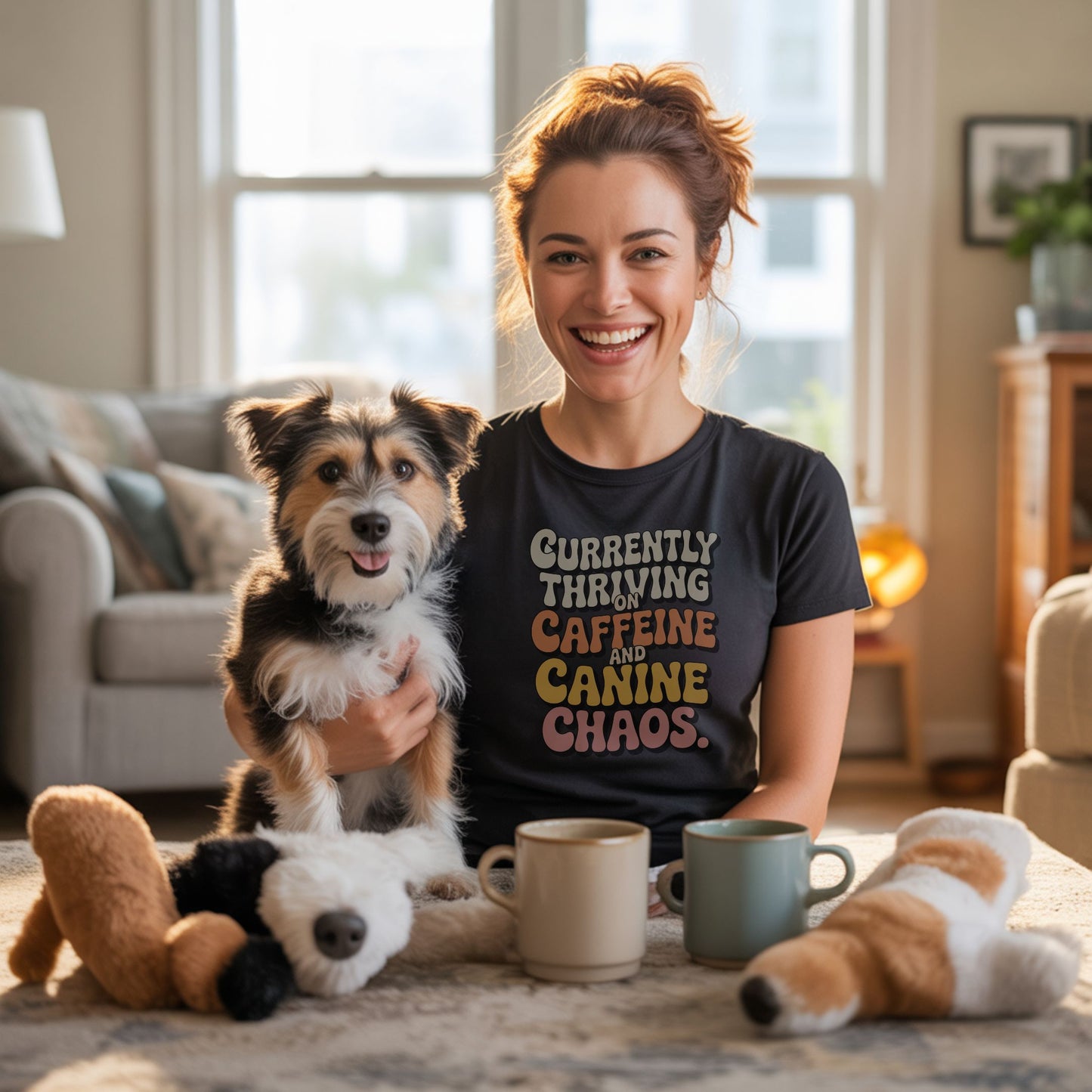 Unisex t-shirt with retro dog graphic and âCurrently Thriving On Caffeine And Canine Chaosâ text, perfect for dog lovers.