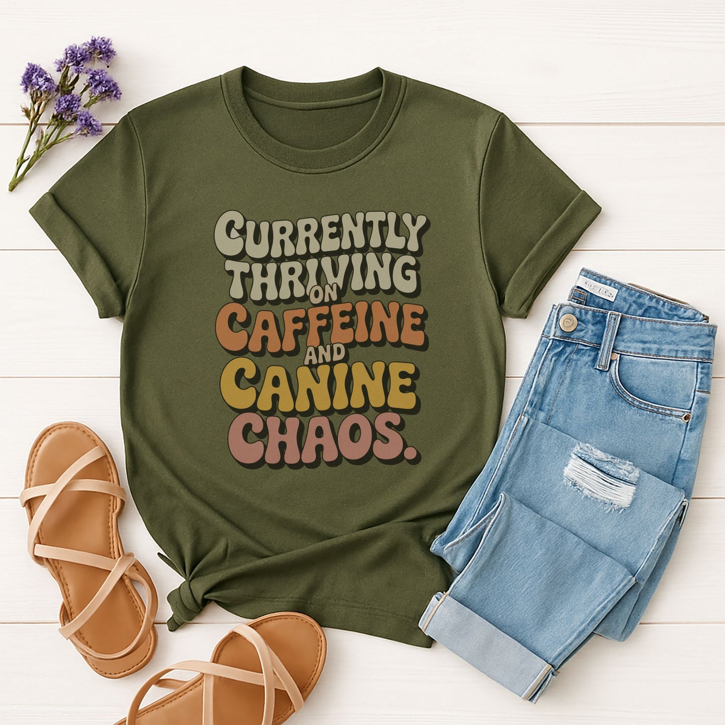 Military Green Gildan 6400 unisex t-shirt with retro dog graphic and âCurrently Thriving On Caffeine And Canine Chaosâ text, perfect for dog lovers.