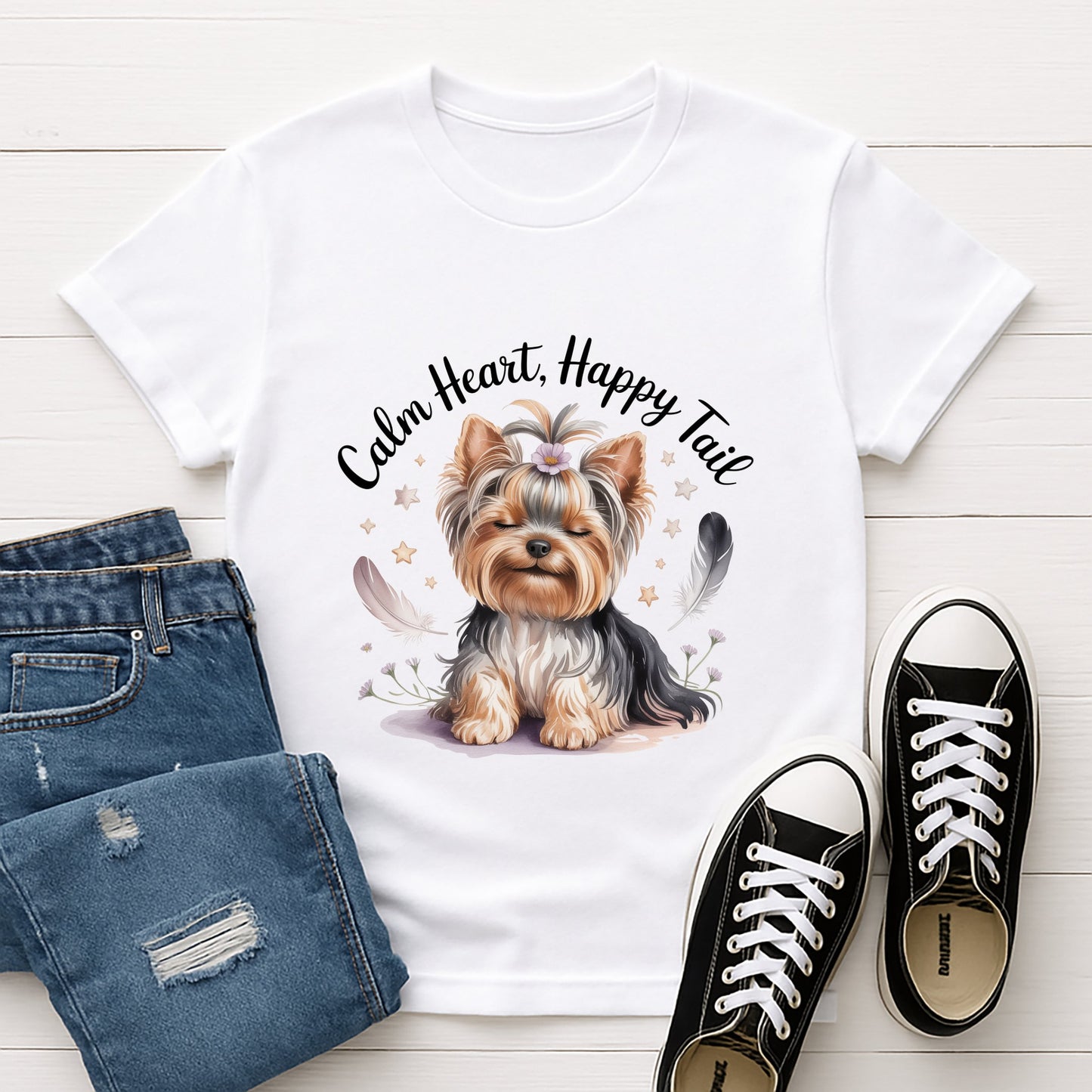 White Gildan 6400 unisex t-shirt with retro dog graphic and ‘Breathe deep, 'Calm Heart, Happy Tail’ text, perfect for dog lovers.