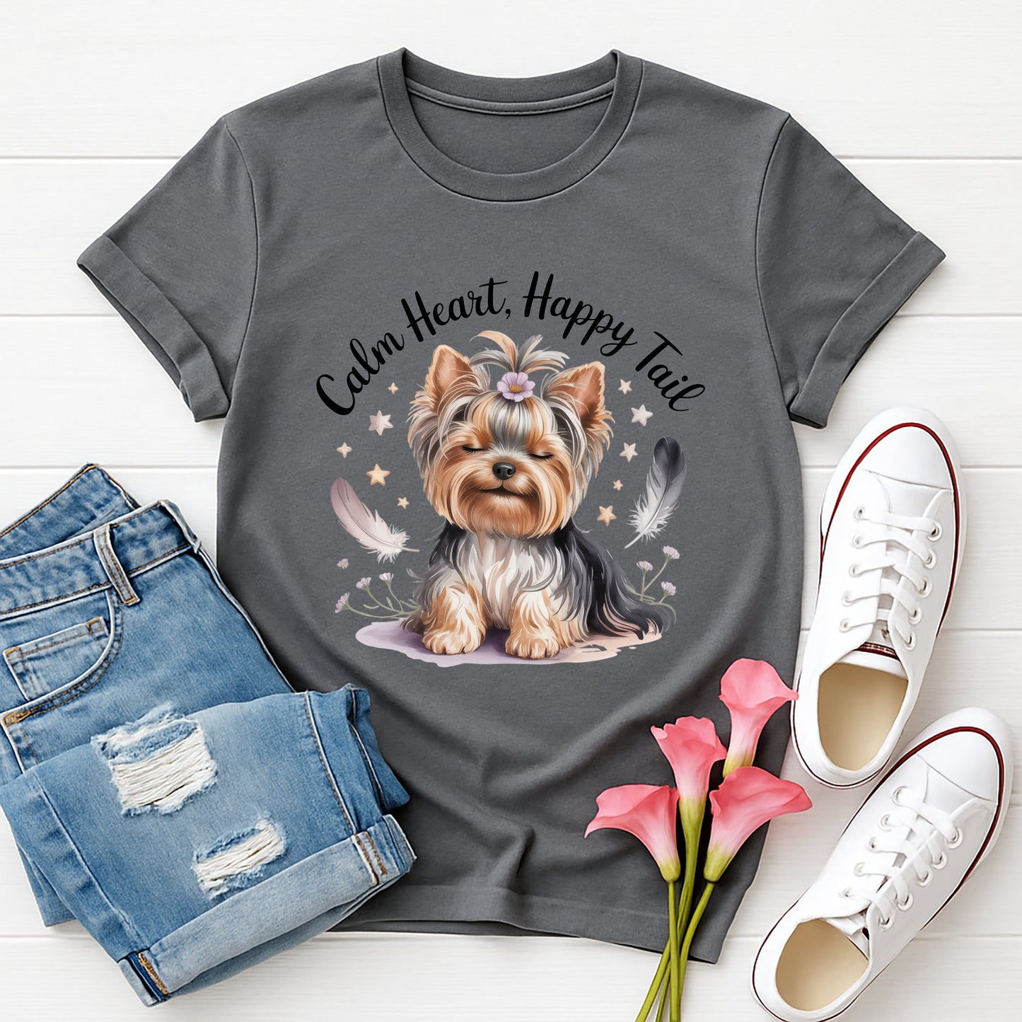 Charcoal Gray Gildan 6400 unisex t-shirt with retro dog graphic and ‘Breathe deep, 'Calm Heart, Happy Tail’ text, perfect for dog lovers.