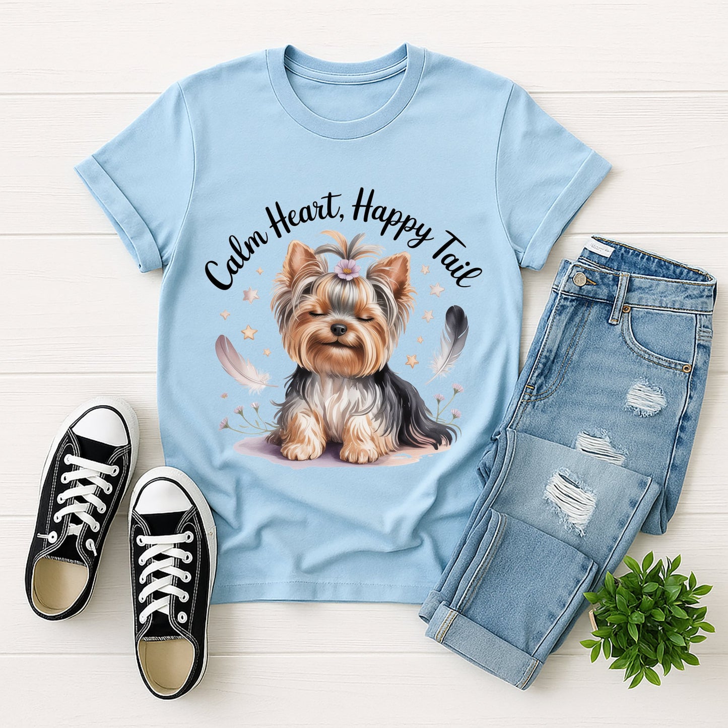 Light Blue Gildan 6400 unisex t-shirt with retro dog graphic and ‘Breathe deep, 'Calm Heart, Happy Tail’ text, perfect for dog lovers.