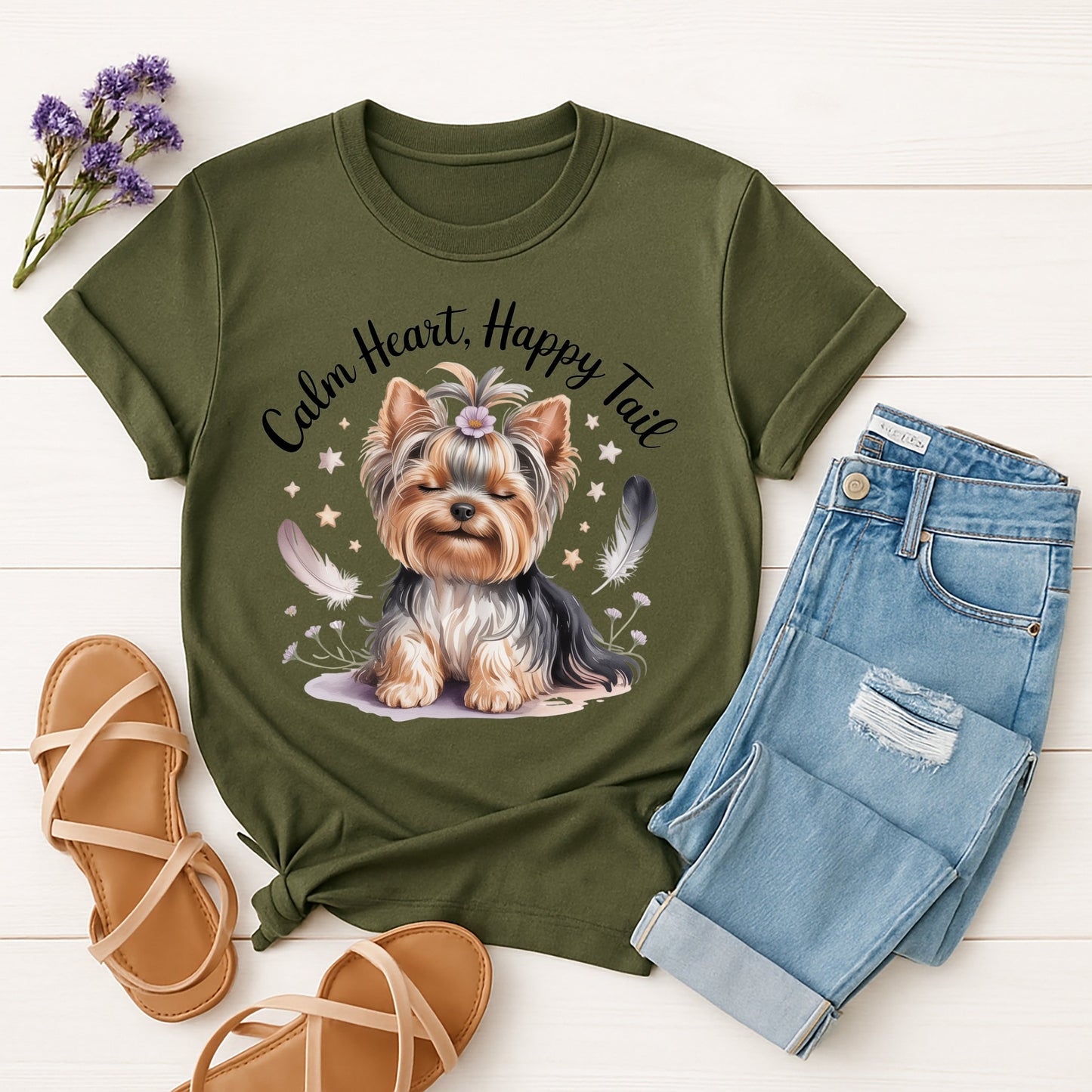 Military Green Gildan 6400 unisex t-shirt with retro dog graphic and ‘Breathe deep, 'Calm Heart, Happy Tail’ text, perfect for dog lovers.