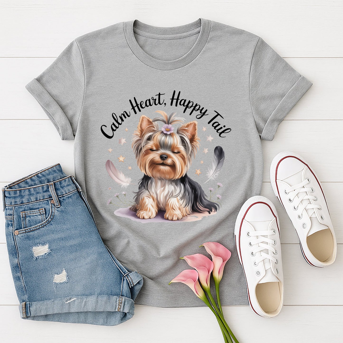 Sport Gray Gildan 6400 unisex t-shirt with retro dog graphic and ‘Breathe deep, 'Calm Heart, Happy Tail’ text, perfect for dog lovers.