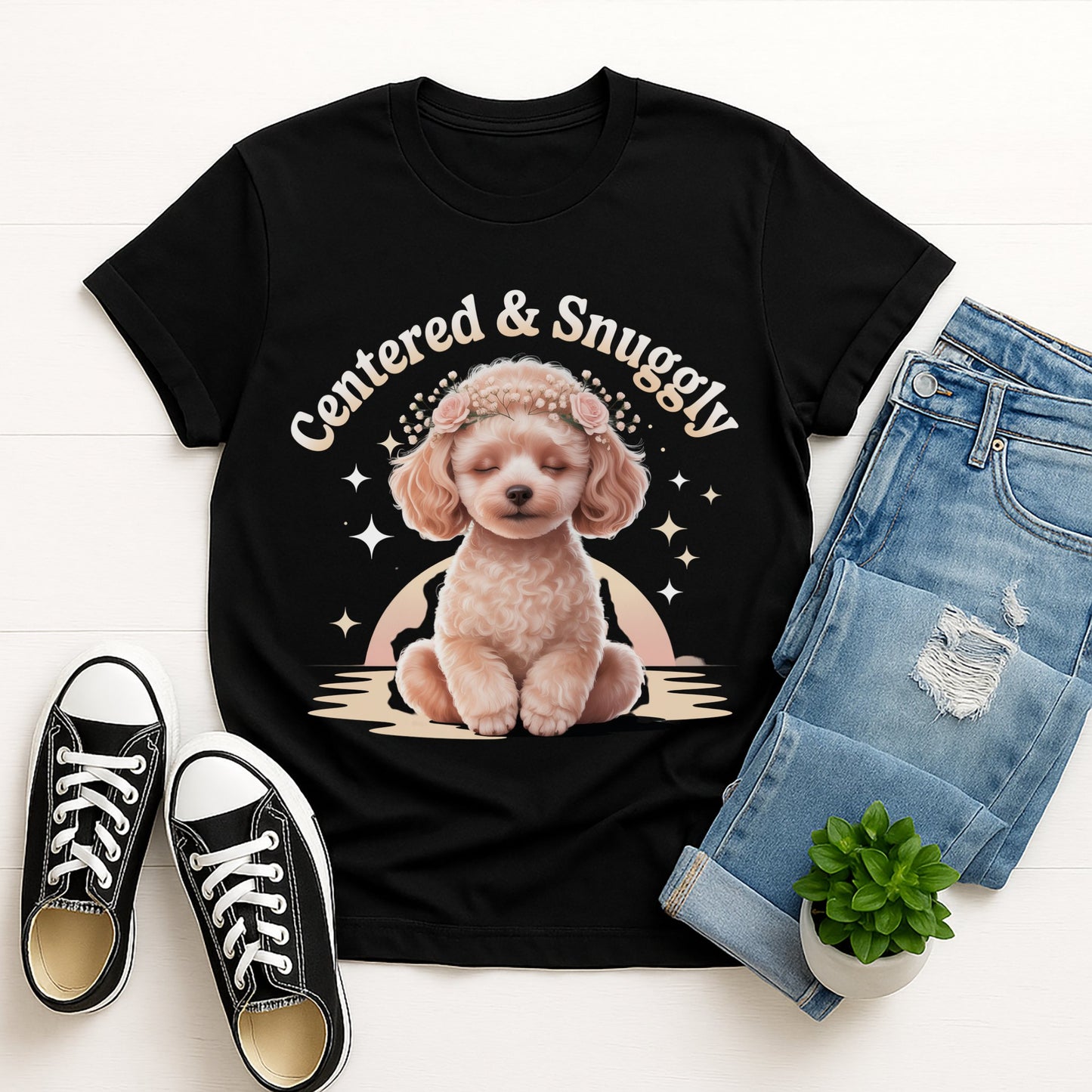 Black Gildan 6400 unisex t-shirt with retro dog graphic and ‘Centered & Snuggly’ text, perfect for dog lovers.